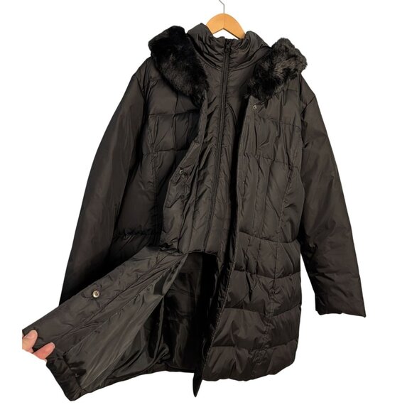 Larry Levine Womens Black Down Coat Faux Fur Hood 3X Long Warm Winter Puffer - Picture 2 of 16